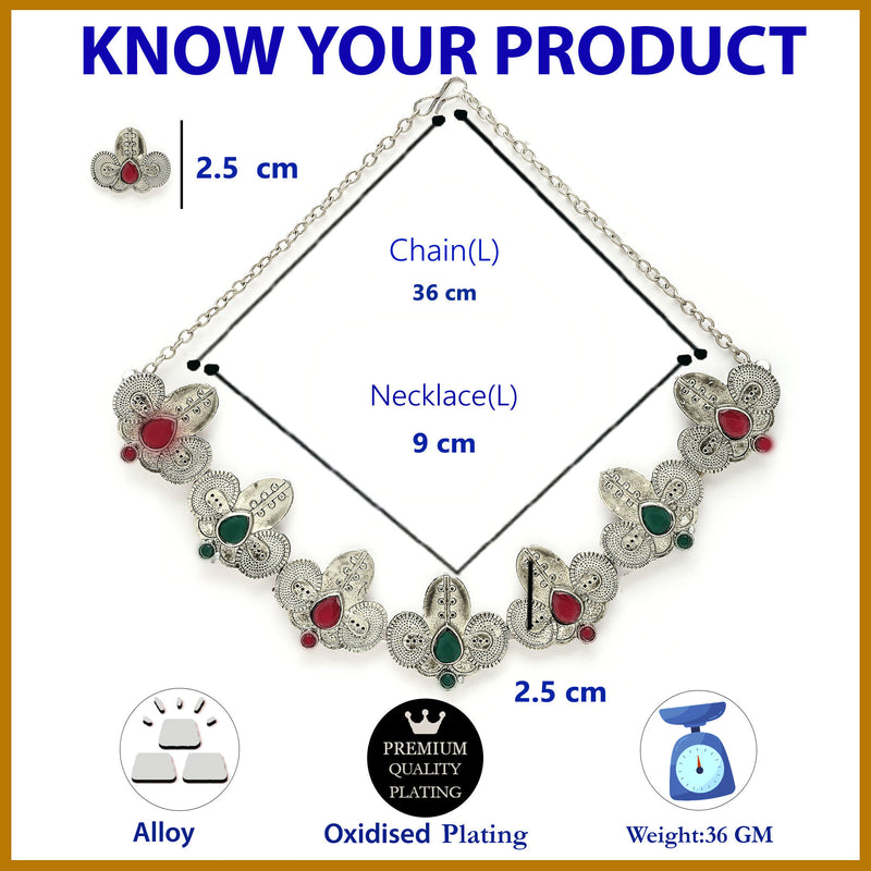 Oxidized Plated with Silver Filigree Design Red & Green Stone Studded Jewellery Set
