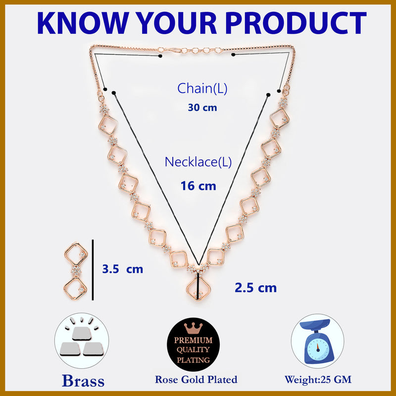 Rose Gold Plated Square Blossom Design with White American Diamond Stone Studded Jewellery Set
