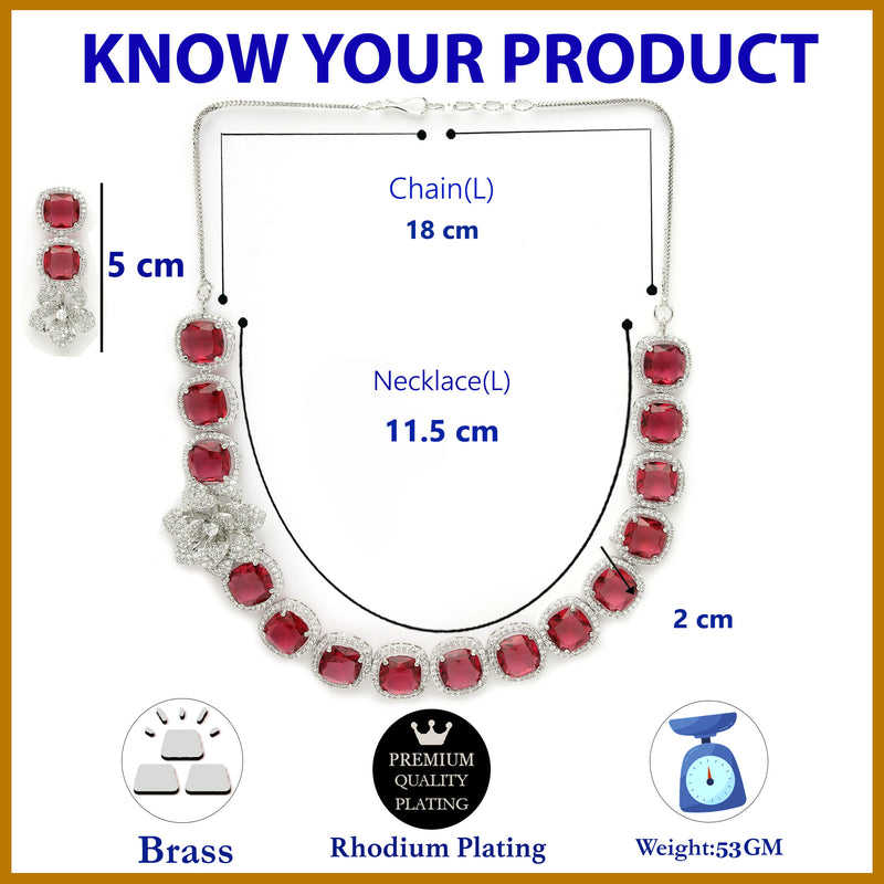 Rhodium Plated Silver Toned Red Cussion Cut AD Studded  Necklace With Matching Drop Earrings