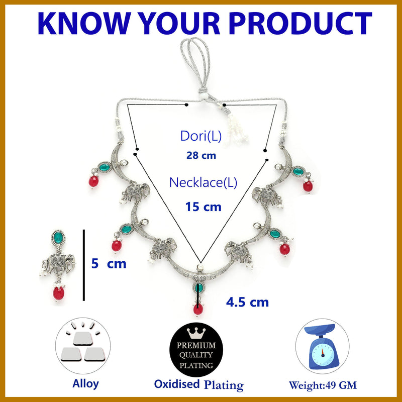 Oxidized Plated with Red & Sea Green with Pearl Stone Studded Jewellery Set