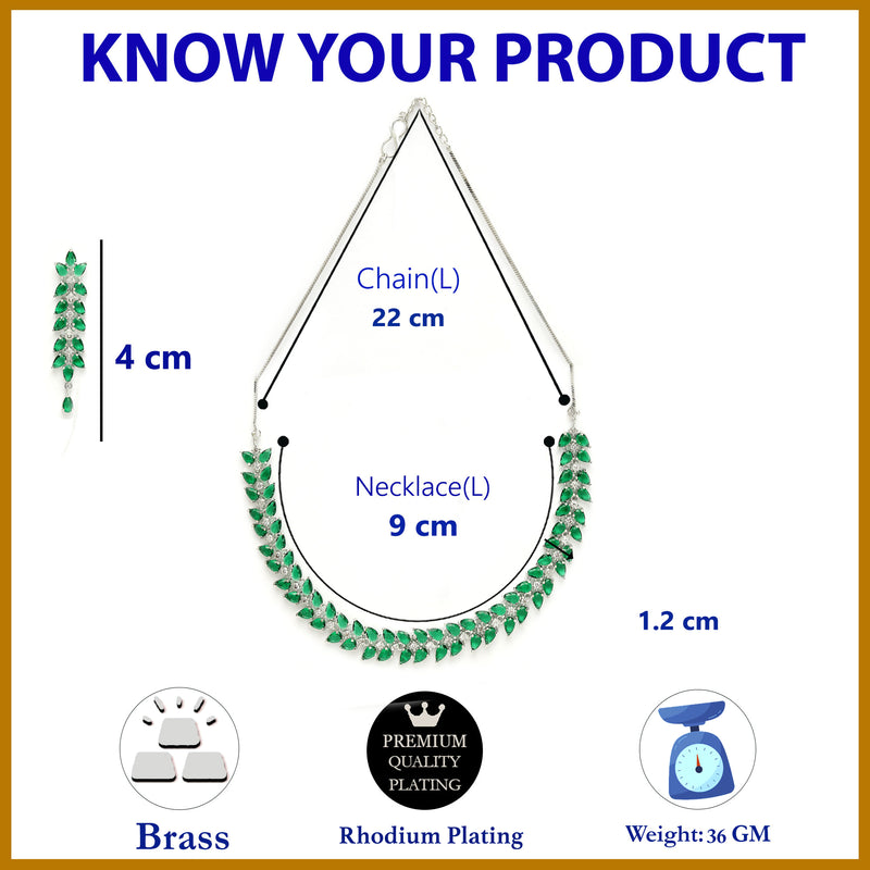 Rhodium Plated Silver Toned Green Floral American Diamond Studded Necklace With Matching Earrings