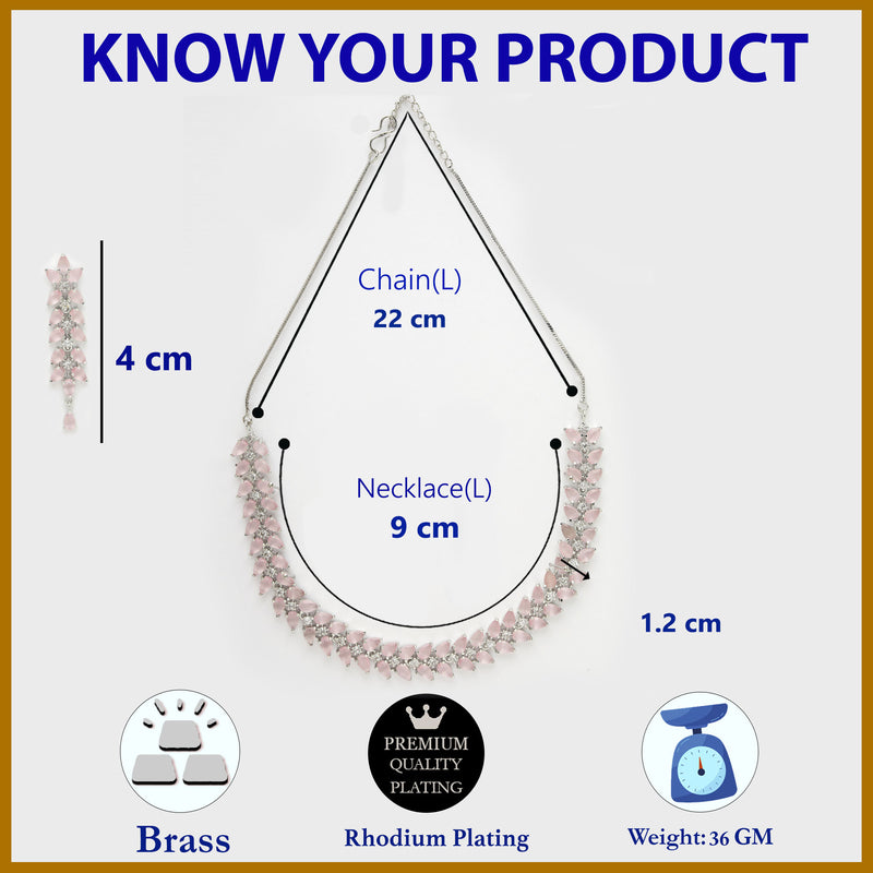 Rhodium Plated Silver Toned Pink Floral American Diamond Studded Necklace With Matching Earrings