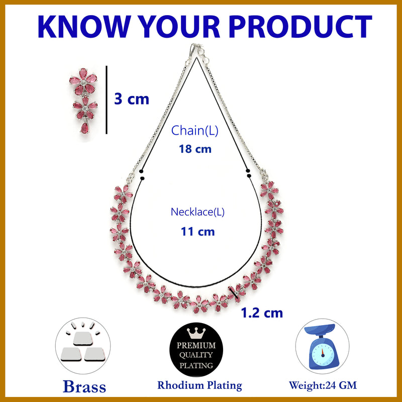 Rhodium Plated Silver Toned Pink American Diamond Studded Necklace Set