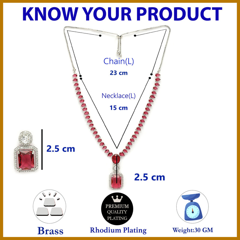 Rhodium Plated Silver Toned Ruby Red American Diamond Studded Jewellery Set