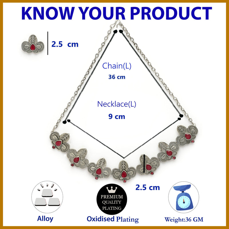 Oxidized Plated with Silver Filigree Design Red Stone Studded Jewellery Set