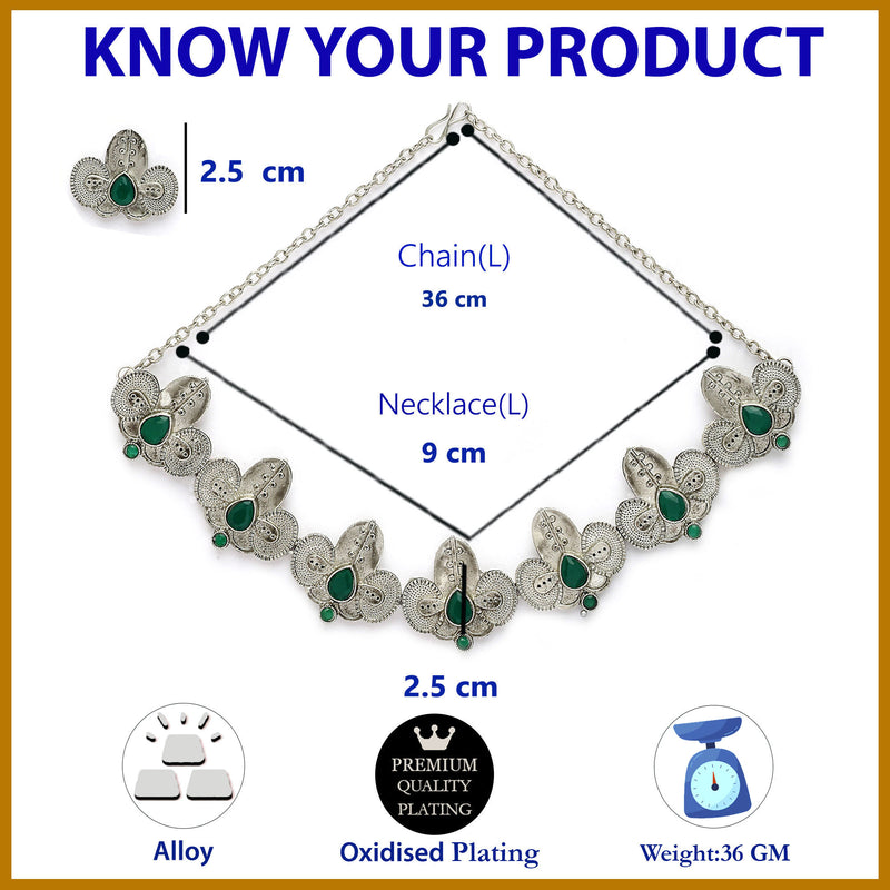 Oxidized Plated with Silver Filigree Design Green Stone Studded Jewellery Set