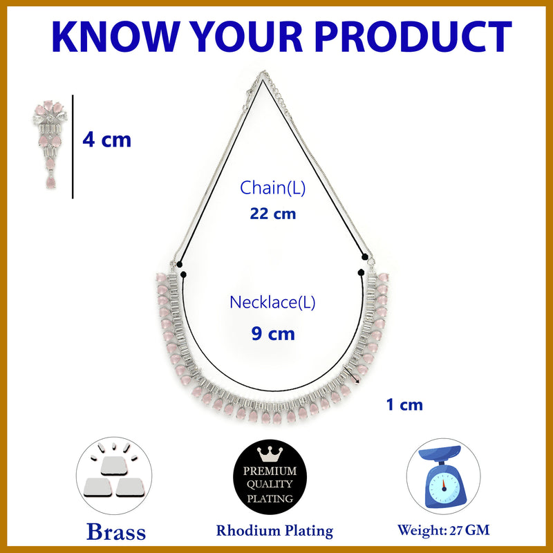 Rhodium Plated Silver Toned Pink AD Studded Classic Necklace With Floral Drop Earrings