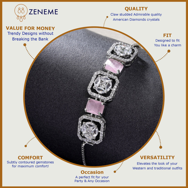 Rhodium Plated Silver Toned White Round & Pink Rectangle AD Studded  Wraparound Adjustable Bracelet