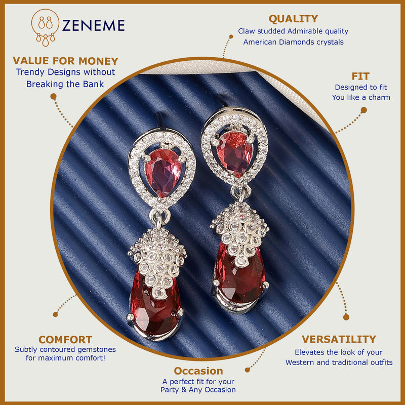 Rhodium Plated Silver Toned with Red American Diamond Small Drop Earrings