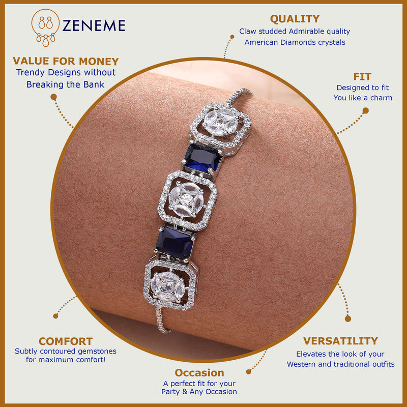 Rhodium Plated Silver Toned White Round & Blue Rectangle American Diamond Wraparound Adjustable Bracelet