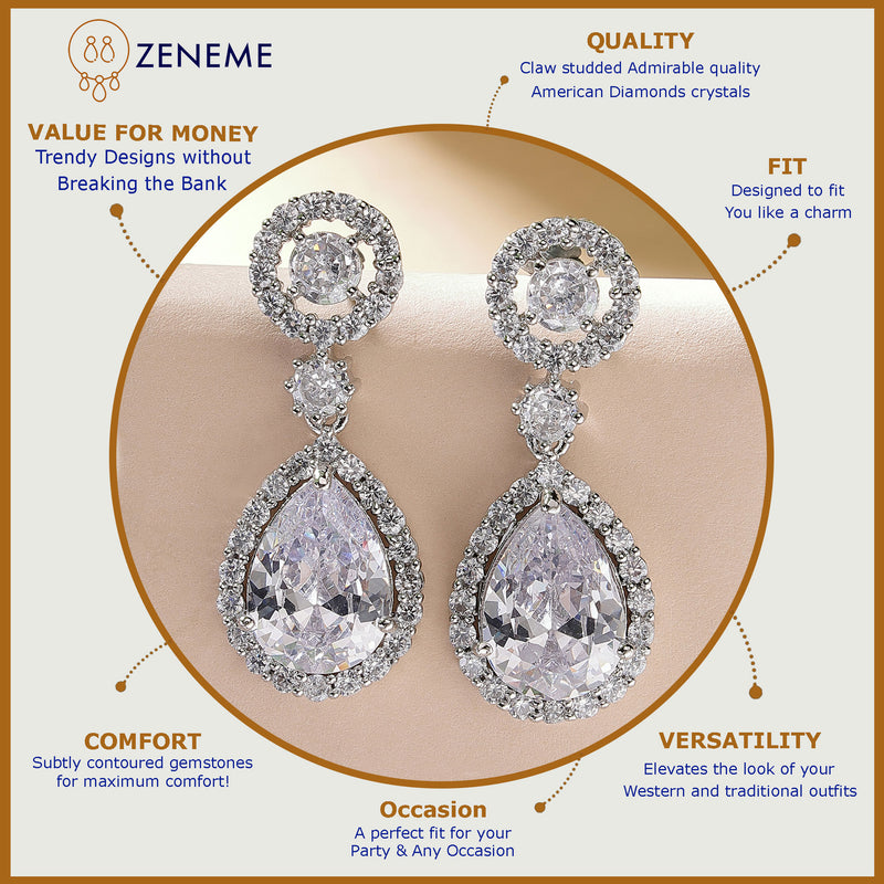 Rhodium Plated with White American Diamond Circular & Teardrop Shaped Drop Earrings