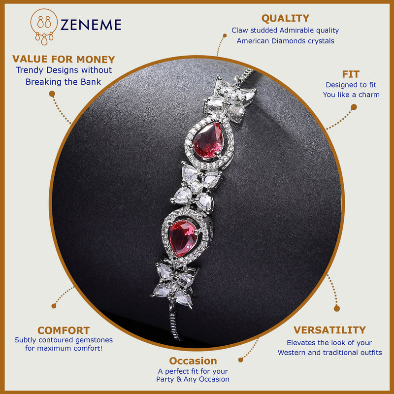 Rhodium Plated Silver Toned White Flower & Red Teardrop AD Studded Wraparound Adjustable Bracelet