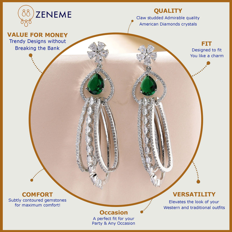 Rhodium Plated with Cluster Design Green & White American Diamond Dangler Earrings