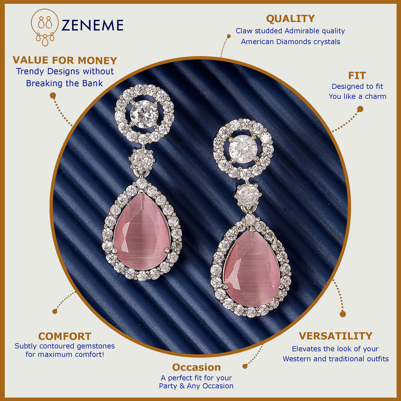 Rhodium Plated with Pink & White American Diamond Circular & Teardrop Shaped Drop Earrings