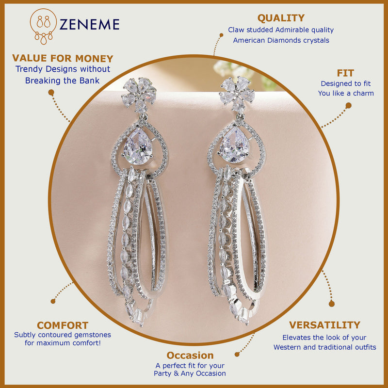 Rhodium Plated with Cluster Design White American Diamond Dangler Earrings