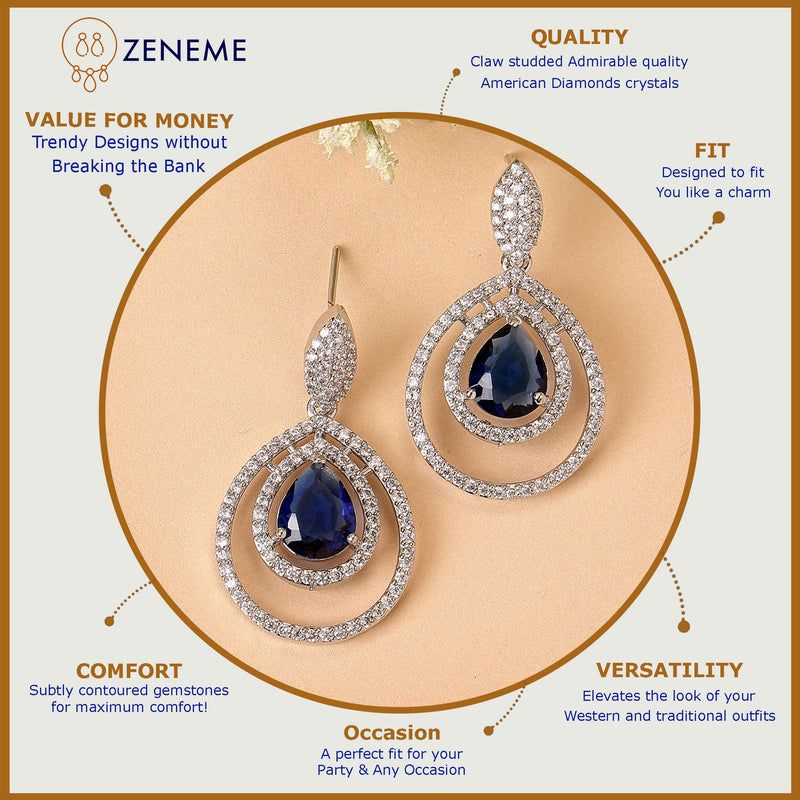 Blue Fancy Dangle Earrings – American Diamond Studded Rhodium Plate