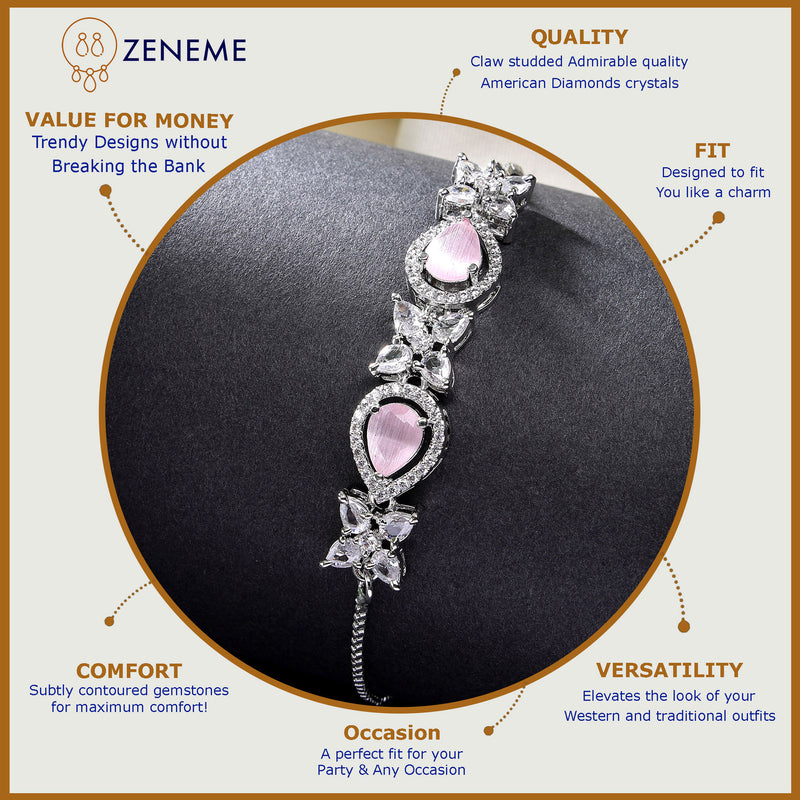 Rhodium Plated Silver Toned White Flower & Pink Teardrop American Diamond Studded  Wraparound Adjustable Bracelet