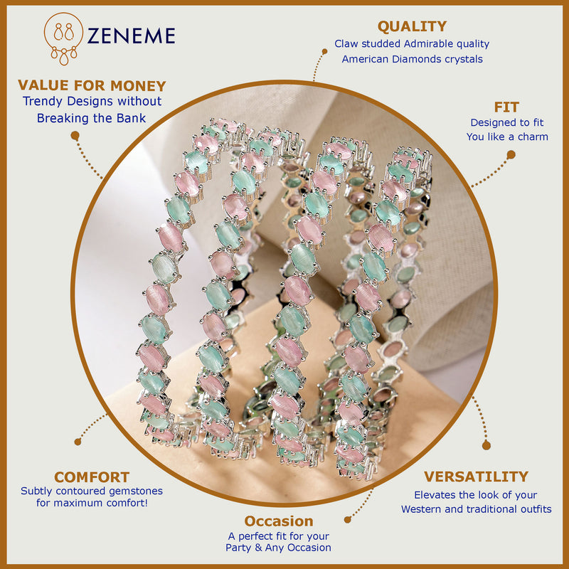 Rhodium Plated Silver Toned Sea Green & Pink Rectangle AD Studded Set Of 4 Stylish Bangles