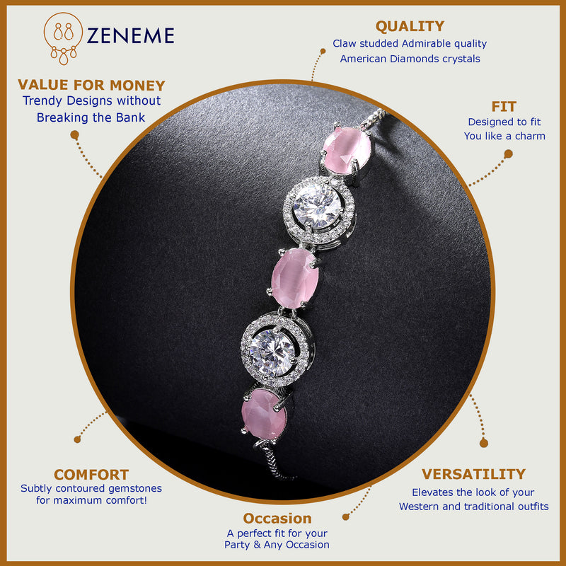 Rhodium Plated Silver Toned White Round & Pink Oval American Diamond Studded Wraparound Adjustable Bracelet