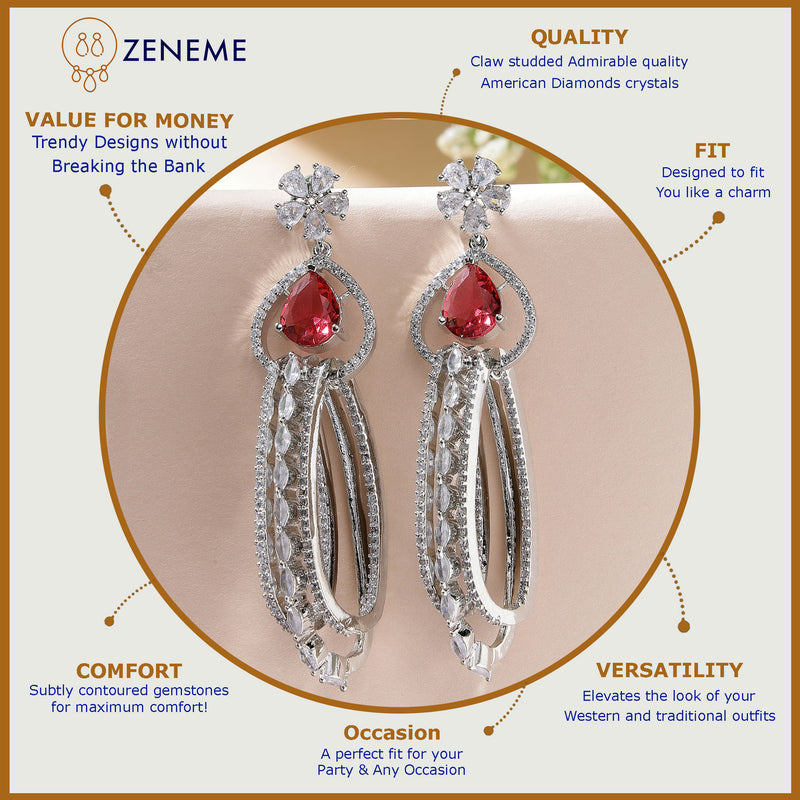 Rhodium Plated with Cluster Design Red & White American Diamond Dangler Earrings