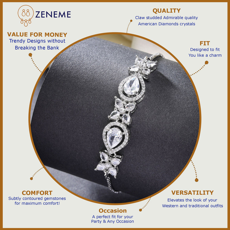 Rhodium Plated Silver Toned White Flower & Teardrop American Diamond Studded Wraparound Adjustable Bracelet