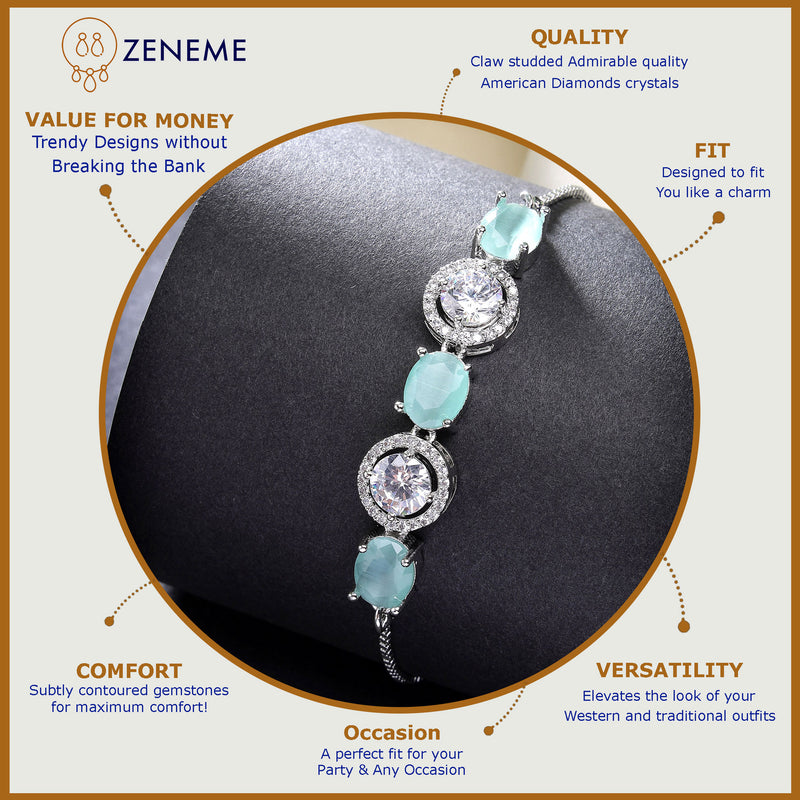 Rhodium Plated Silver Toned White Round & Mint Green Oval AD Studded Wraparound Adjustable Bracelet