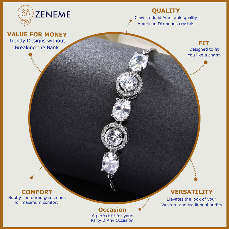 Rhodium Plated Silver Toned White Round & Oval American Diamond Studded  Wraparound Adjustable Bracelet