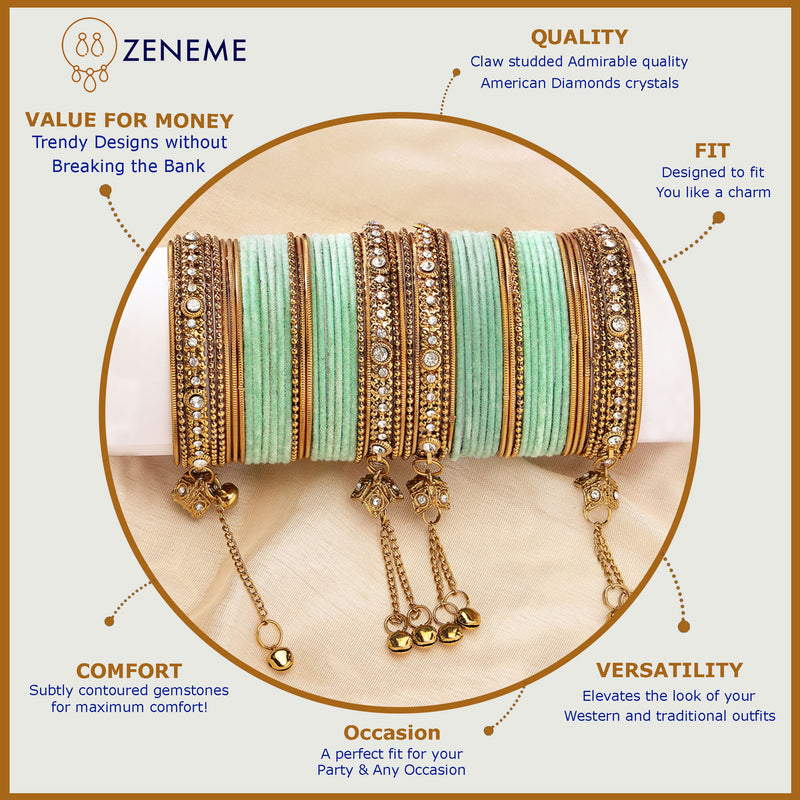 Gold-Plated Velvet Sea Green Set Of 56 Traditional Tasseled With Ghunghru Chuda Bangles