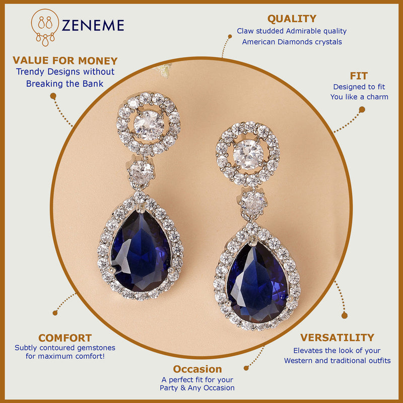 Rhodium Plated with Blue & White American Diamond Circular & Teardrop Shaped Drop Earrings