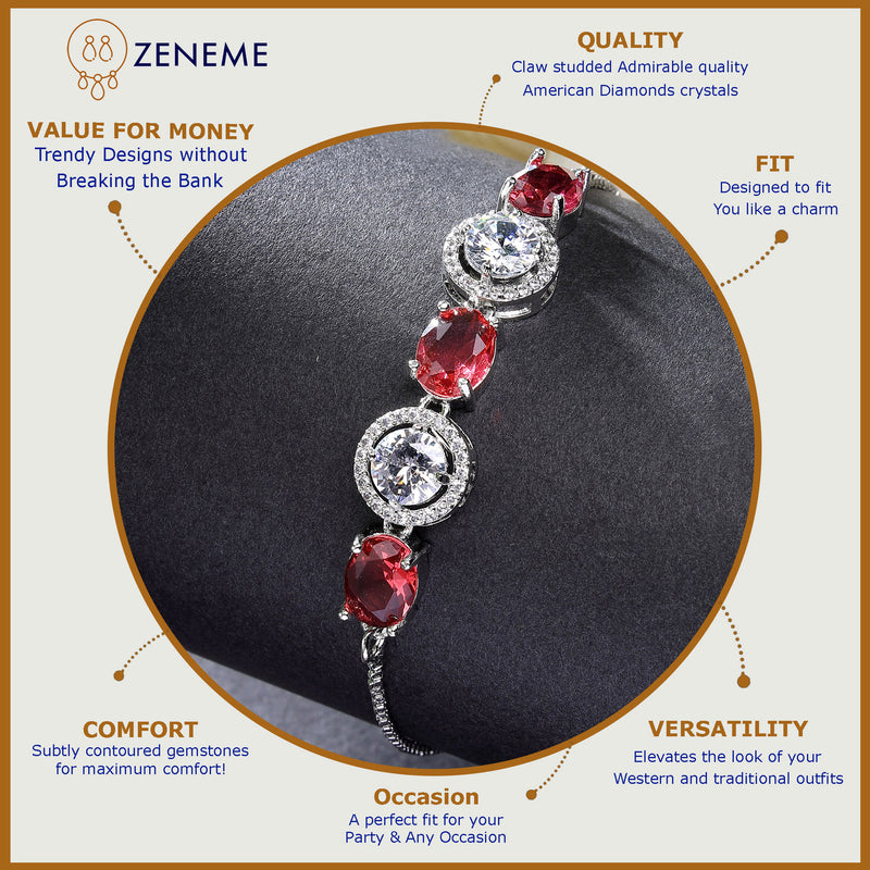 Rhodium Plated Silver Toned White Round & Red Oval AD Studded  Wraparound Adjustable Bracelet