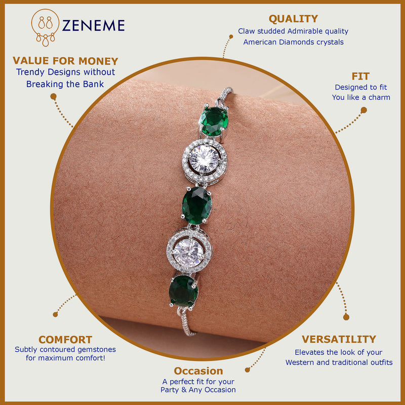 Rhodium Plated Silver Toned White Round & Green Oval AD Studded Wraparound Adjustable Bracelet