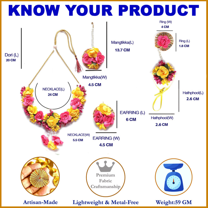 Gold-Plated Red-Pink Gota Patti Floral White Pearls Beaded Haldi & Mehendi Jewellery Set with Maang Tikka & Haathphool Ring