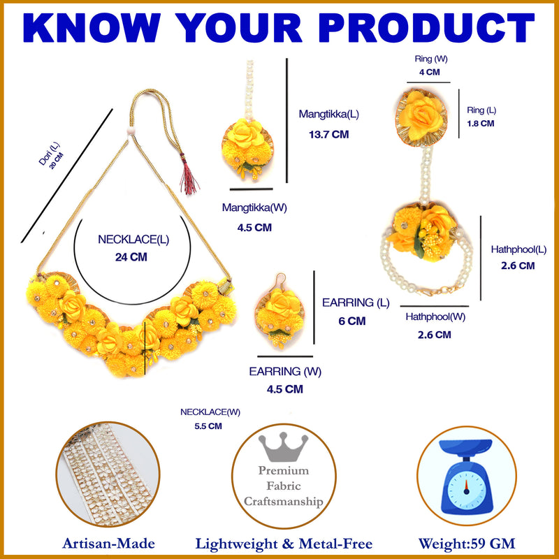 Gold-Plated Yellow Gota Patti Floral White Pearls Beaded Haldi & Mehendi Jewellery Set with Maang Tikka & Haathphool Ring