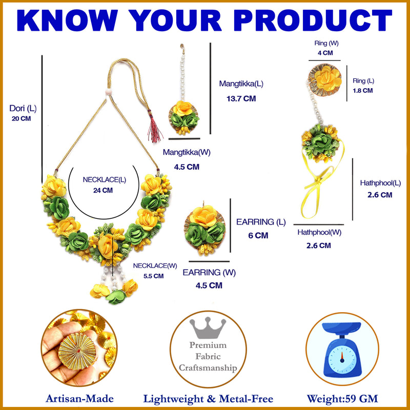 Gold-Plated Green-Yellow Gota Patti Floral White Pearls Beaded Haldi & Mehendi Jewellery Set with Maang Tikka & Haathphool Ring