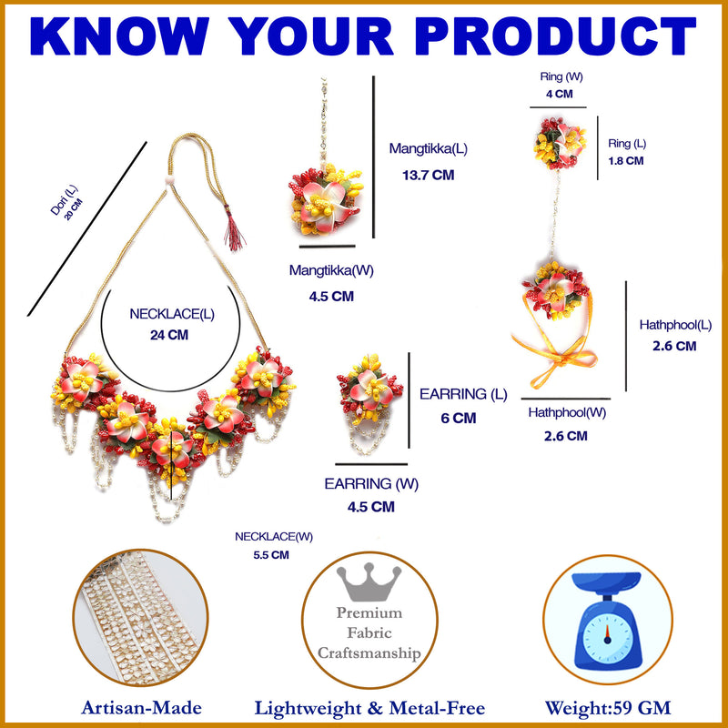 Gold-Plated Multi-Colour Floral White Pearls Beaded Haldi & Mehendi Jewellery Set with Maang Tikka & Haathphool Ring