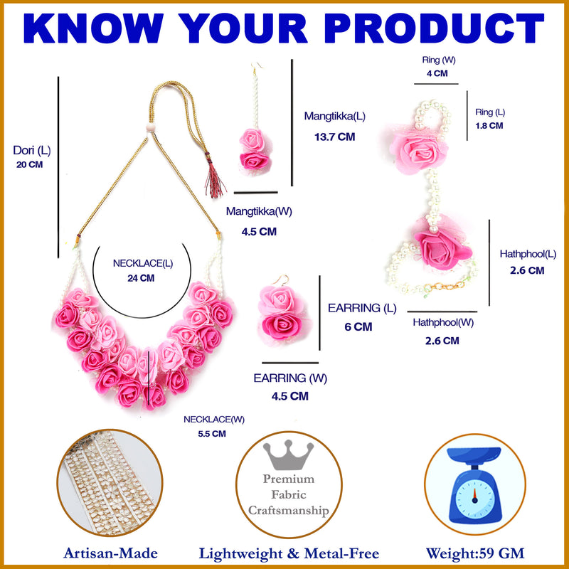 Pink & White Gold-Plated Pearl Gota Patti Flower Jewellery Set Combo