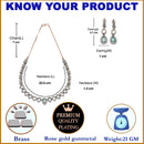 Rose Gold-Plated Gunmetal Toned Sea Green American Diamonds Studded Spheroid Necklace & Earrings Jewellery Set