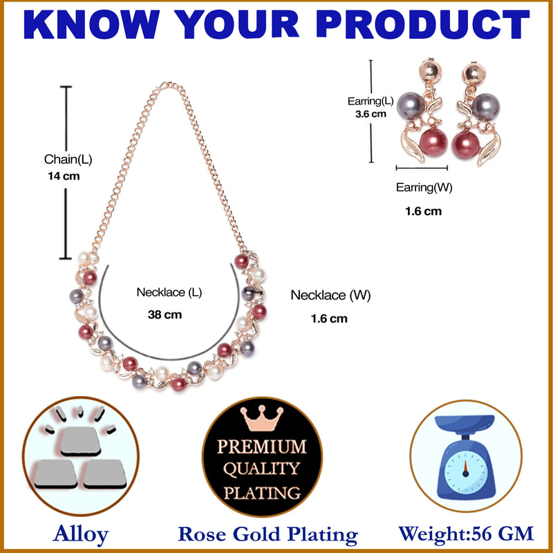 Rose Gold-Plated Red & White Artificial Stones Studded Leafy Shaped Necklace with Earrings Jewellery Set