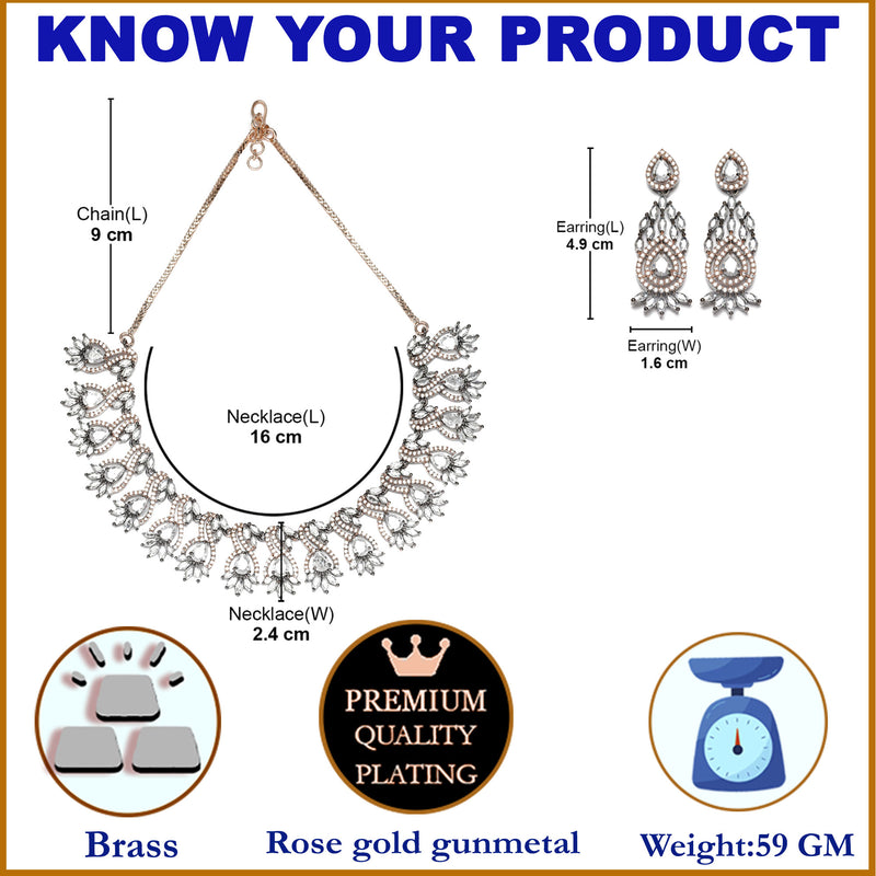 Rose Gold-Plated Gunmetal Toned White American Diamond Studded Traditional Touch Necklace & Earrings Jewellery Set