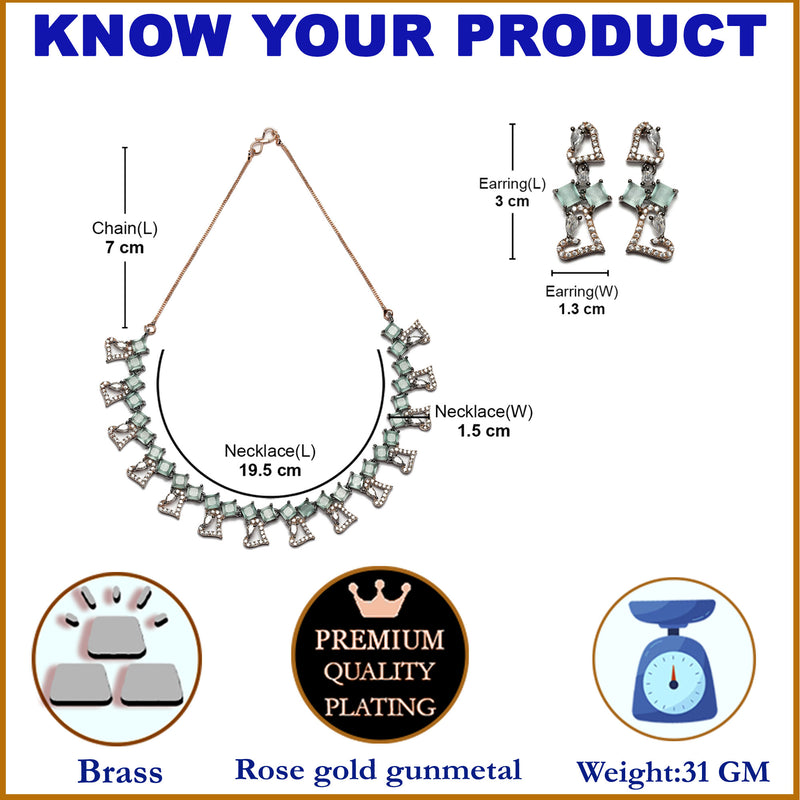 Rose Gold-Plated Gunmetal Toned Sea Green American Diamonds Studded Cordate Necklace & Earrings