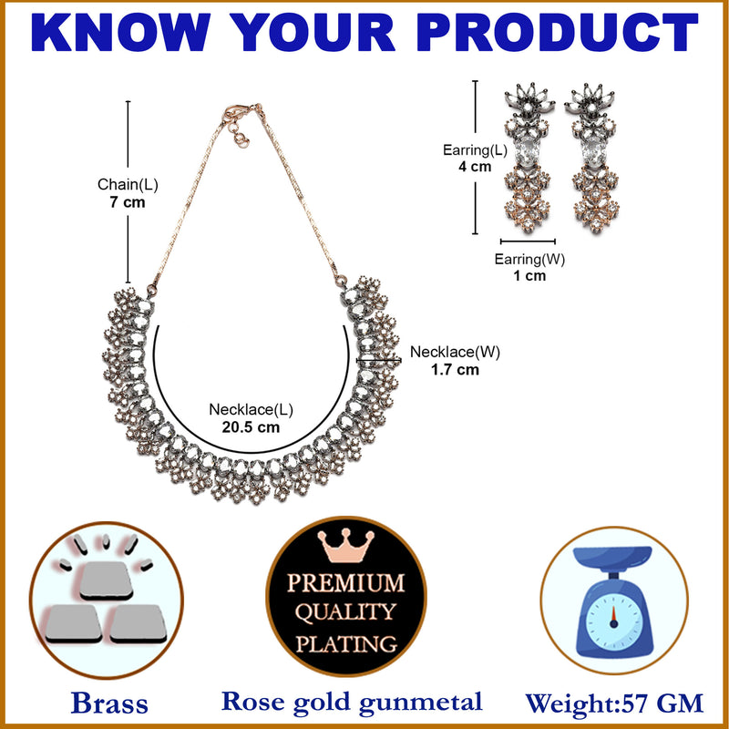 Rose Gold-Plated Gunmetal Toned White American Diamonds Studded Wacky Necklace & Earrings