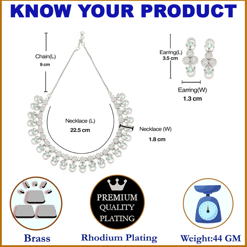 Rhodium-Plated Sea Green American Diamonds Studded Voguish Necklace & Earrings Jewellery Set