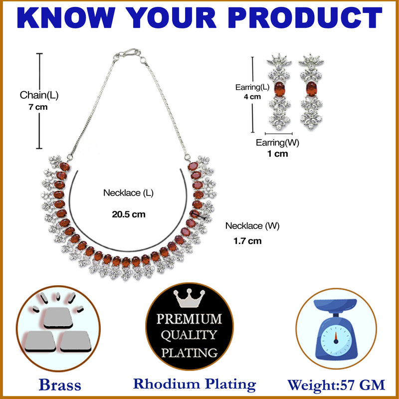 Rhodium-Plated Red American Diamonds Studded Wacky Necklace & Earrings Jewellery Set