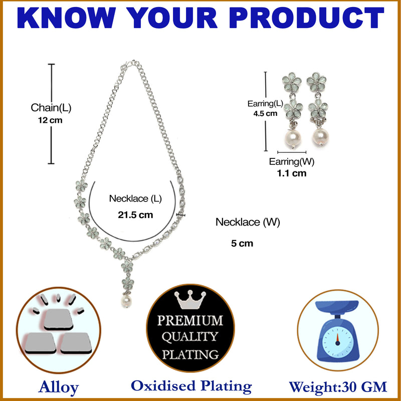Rhodium-Plated Sea Green American Diamond & White Pearl Studded Floral Necklace & Earrings