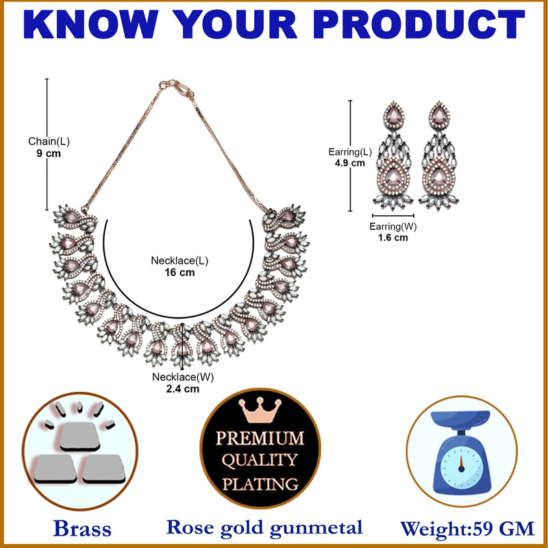 Rose Gold-Plated Gunmetal Toned Pink American Diamond Studded Traditional Touch Necklace & Earrings Jewellery Set