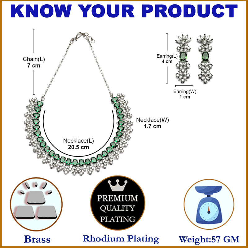 Rhodium-Plated Green American Diamonds Studded Wacky Necklace & Earrings Jewellery Set