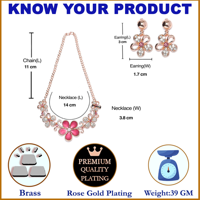 Rose Gold-Plated Red American Diamonds Studded Floweret Necklace & Earrings Jewellery Set