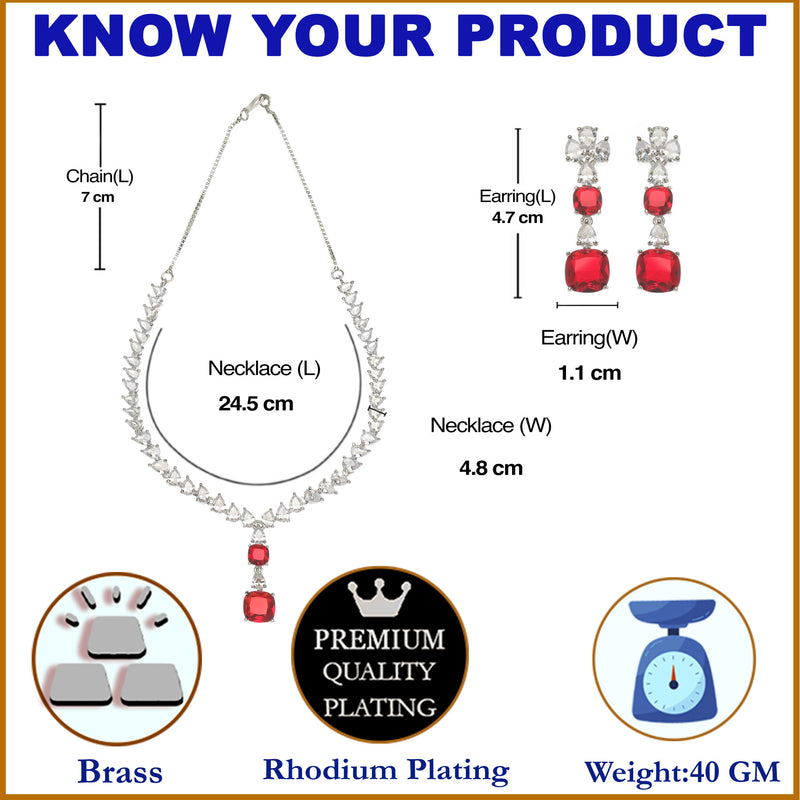 Rhodium-Plated Red Square American Diamonds Studded Pendulous Necklace & Earrings Jewellery Set