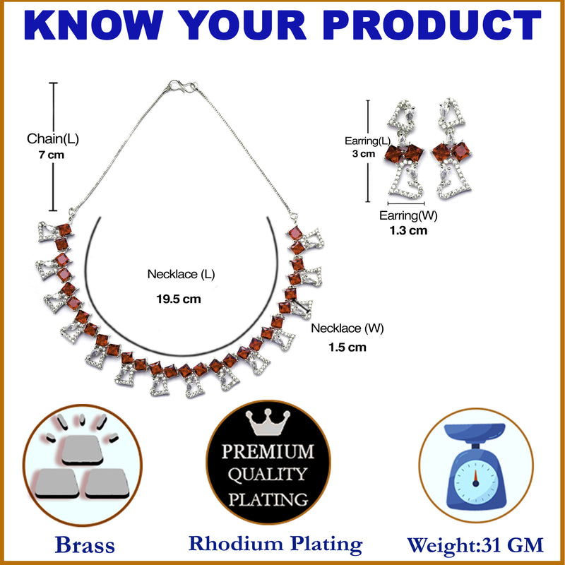 Rhodium-Plated Red American Diamonds Studded Cordate Necklace & Earrings Jewellery Set