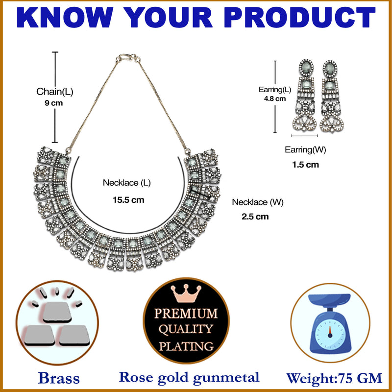 Rose Gold-Plated Gunmetal Toned Sea Green American Diamonds Studded Choker Necklace & Earrings Jewellery Set